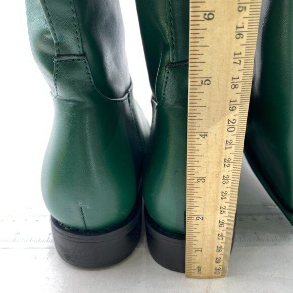Green Square Toe Long Leather Boots Block Low Heel Women Knee High Riding Boot - Picture 4 of 7